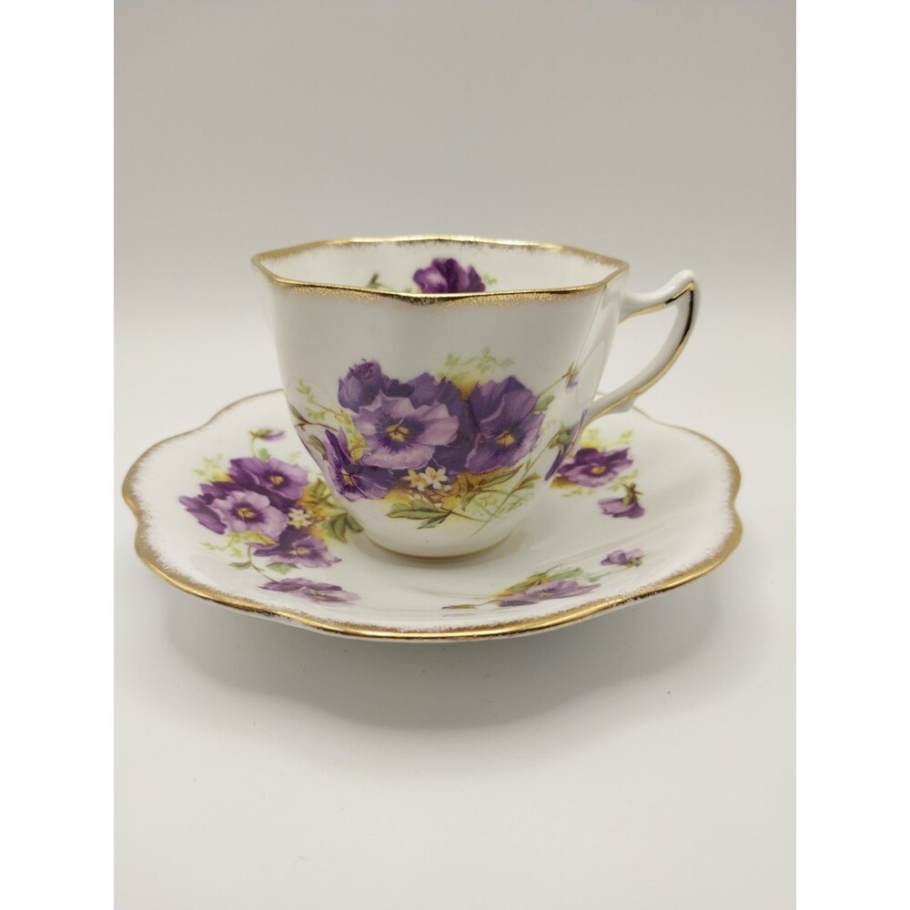 VTG Rosina English Bone China Tea Cup Saucer Pink Gray Floral Gold Trim